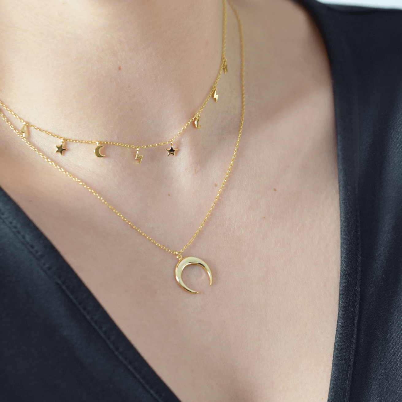 mond halskette | 925er silber kette mit blitz und stern charm