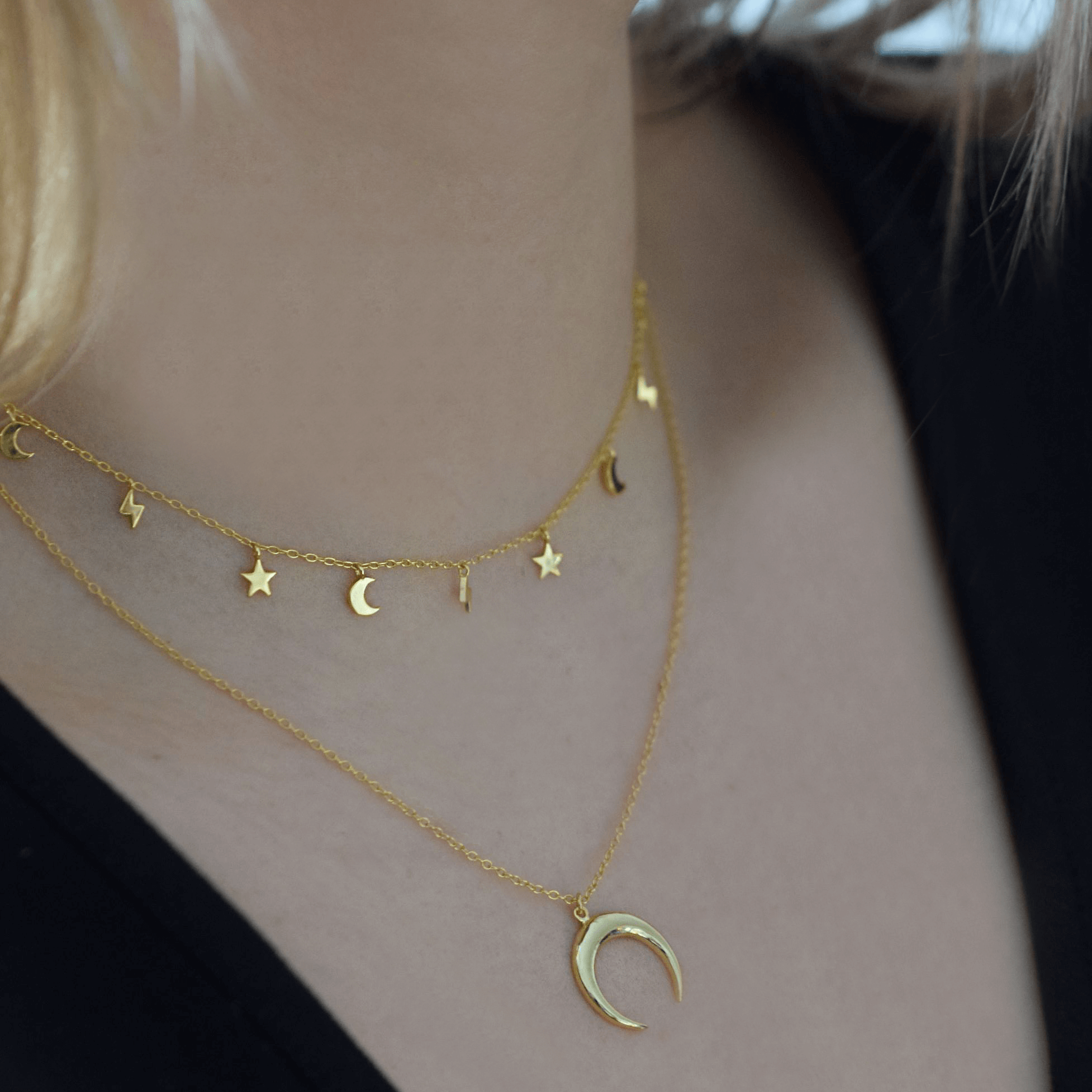 mond halskette | 925er silber kette mit blitz und stern charm